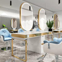 Double-Sided LED Oval Mirror Salon Station | 2–6 Seat Workstation – Available in Gold, Silver, Black & Rose Gold