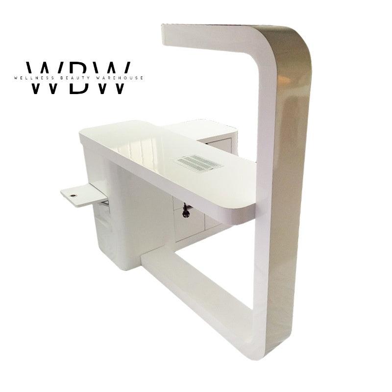 Simple White Manicure Table with LED Lights, Extended Lockers, and Vacuum Cleaner
