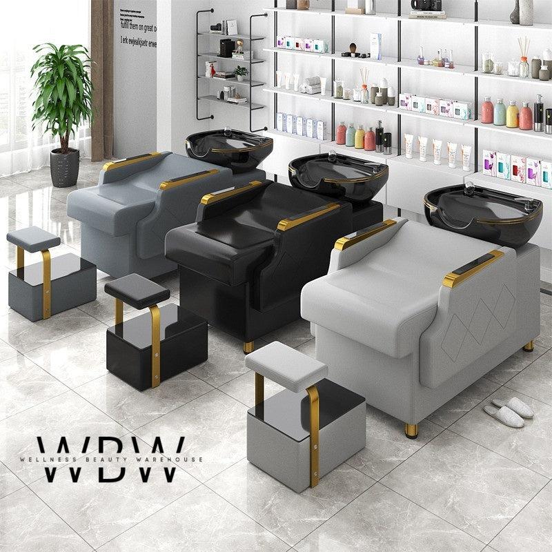 Professional Salon Shampoo Chair with Ceramic Basin and PU Leather Upholstery