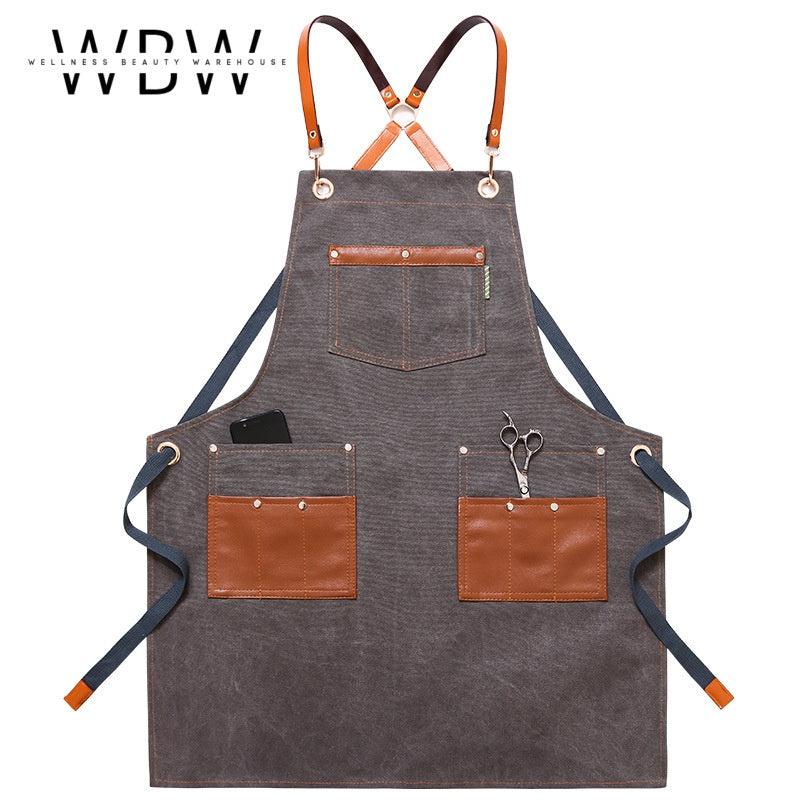 Canvas and Leather Cross-Back Apron with Multiple Pockets