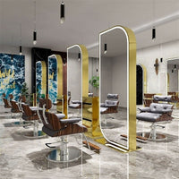 Double-Sided Gold Hairdressing Styling Mirror Station with LED Lighting | Floor-Standing Design